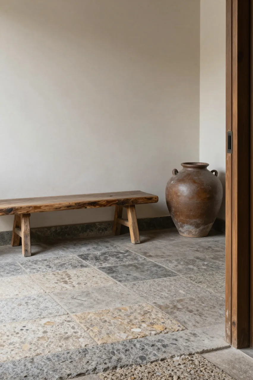 Minimalist wabi-sabi entryway with a wooden bench and large clay urn on a worn stone floor