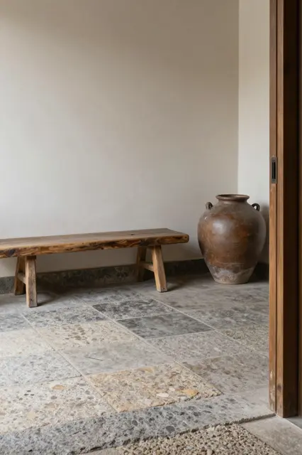 Minimalist wabi-sabi entryway with a wooden bench and large clay urn on a worn stone floor