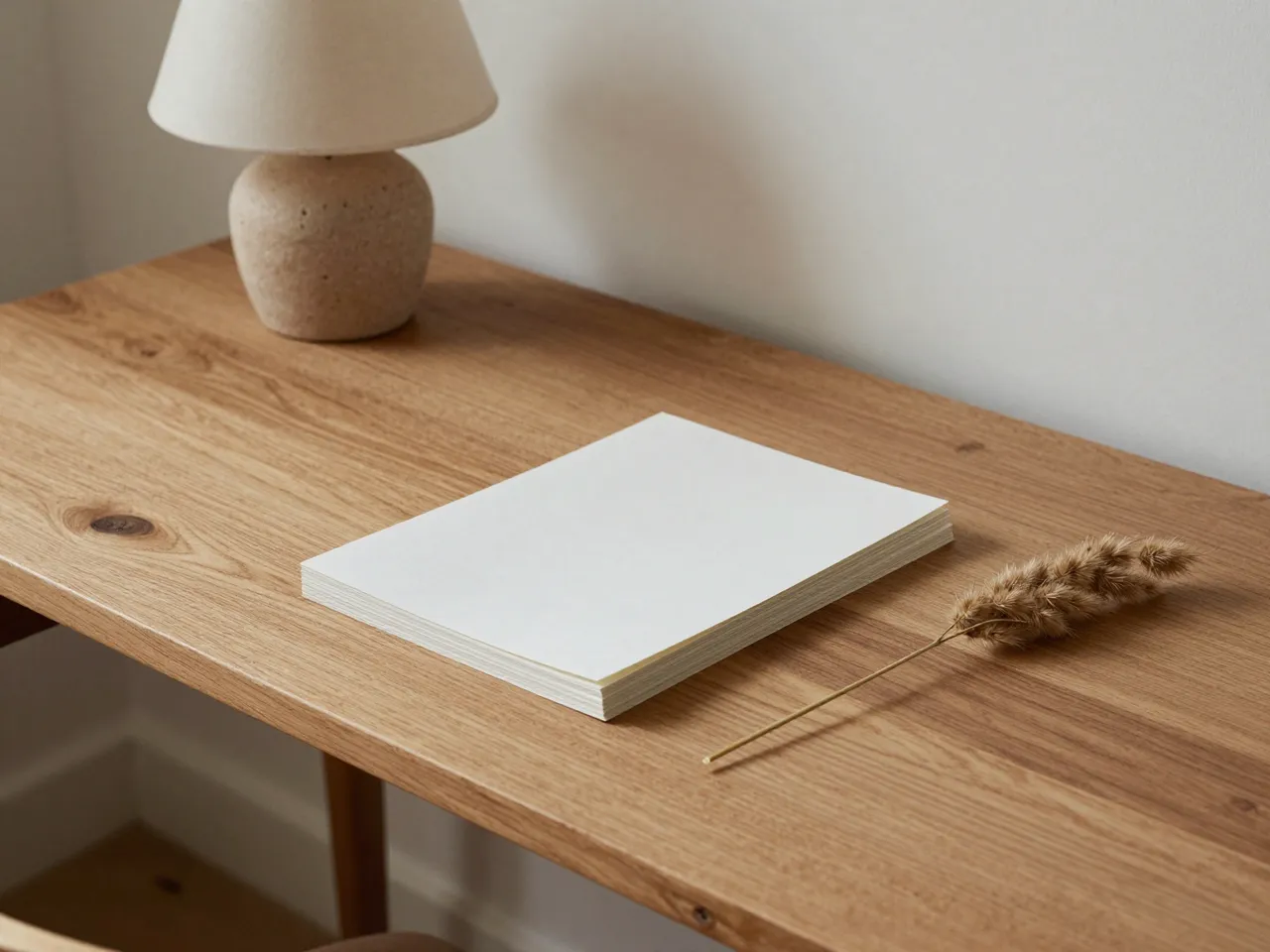 A raw timber desk holds a clay table lamp, stack of plain paper and a dried grass stem against a plain wall