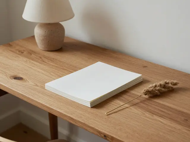A raw timber desk holds a clay table lamp, stack of plain paper and a dried grass stem against a plain wall