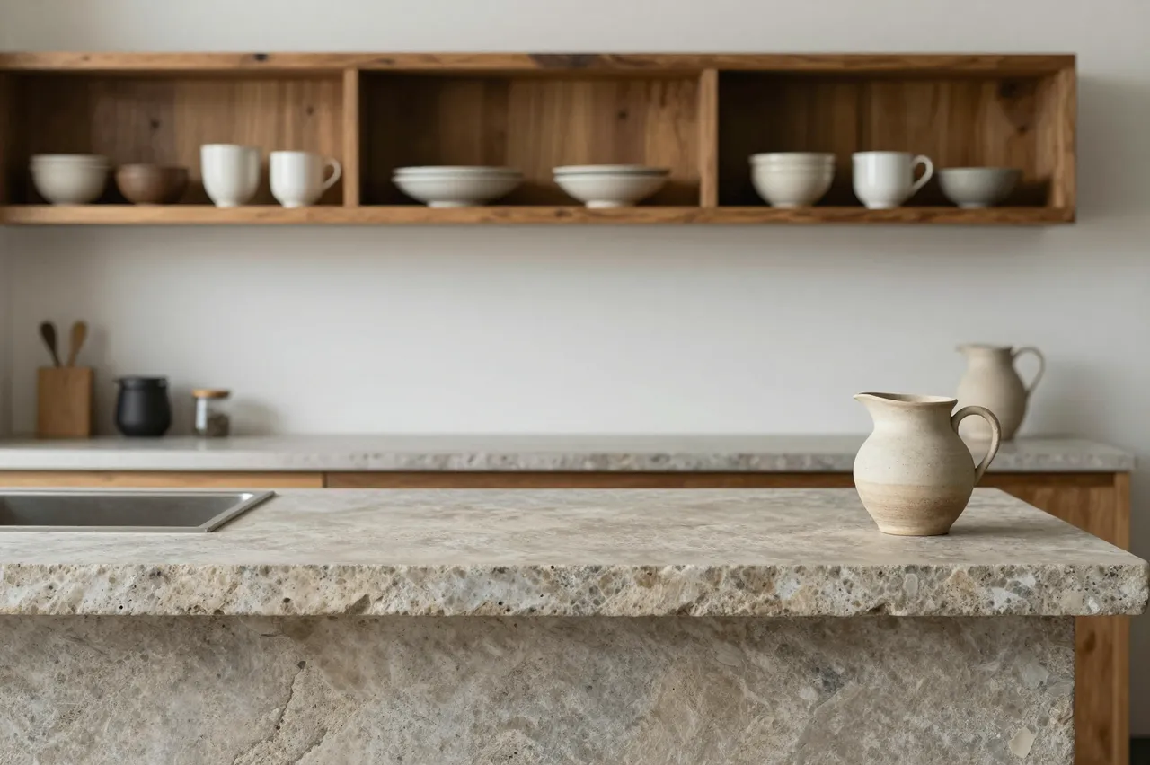 Wabi-sabi kitchen with rough stone counter, open wood shelves holding handmade ceramic dishware