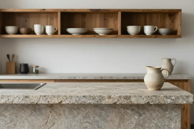 Wabi-sabi kitchen with rough stone counter, open wood shelves holding handmade ceramic dishware