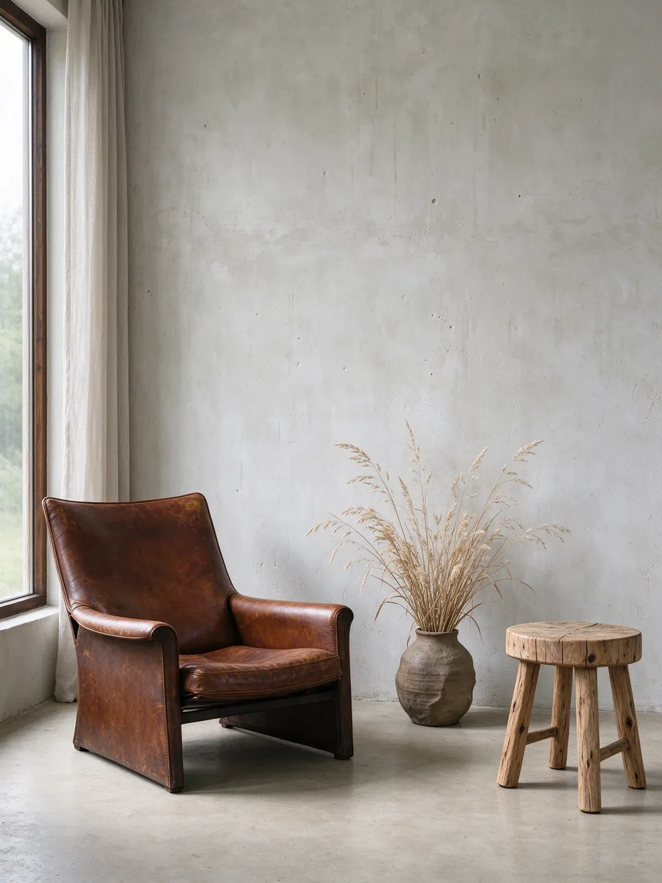 A worn leather lounge chair, raw wood stool, and vase of dried grasses sit against a limewashed wall beside a window.