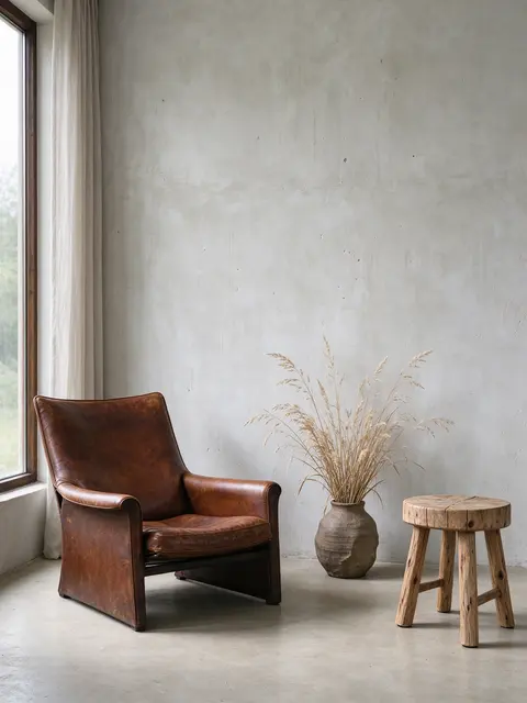 A worn leather lounge chair, raw wood stool, and vase of dried grasses sit against a limewashed wall beside a window.