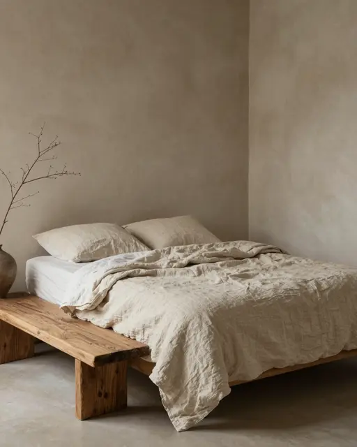 Minimal wabi-sabi bedroom with rumpled linen bedding, low wooden bench, and dried branch in a ceramic vase
