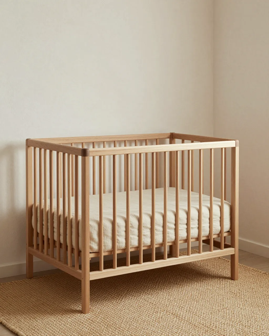 A raw oak crib with oatmeal bedding sits on a woven rush mat in a pale limewashed nursery corner