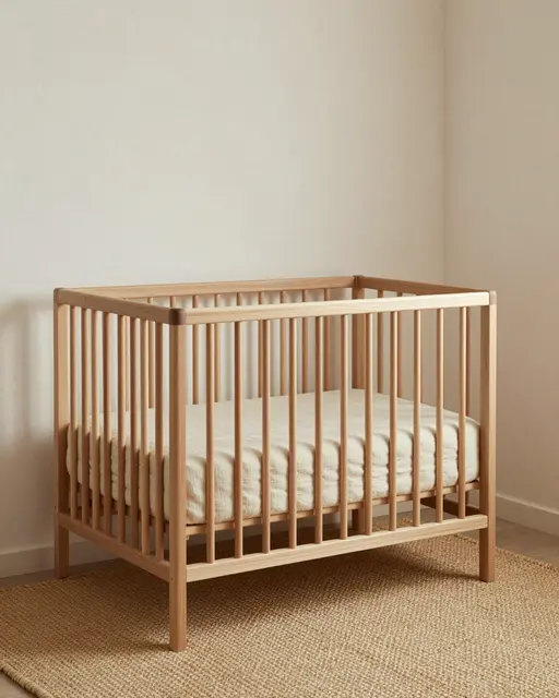 A raw oak crib with oatmeal bedding sits on a woven rush mat in a pale limewashed nursery corner
