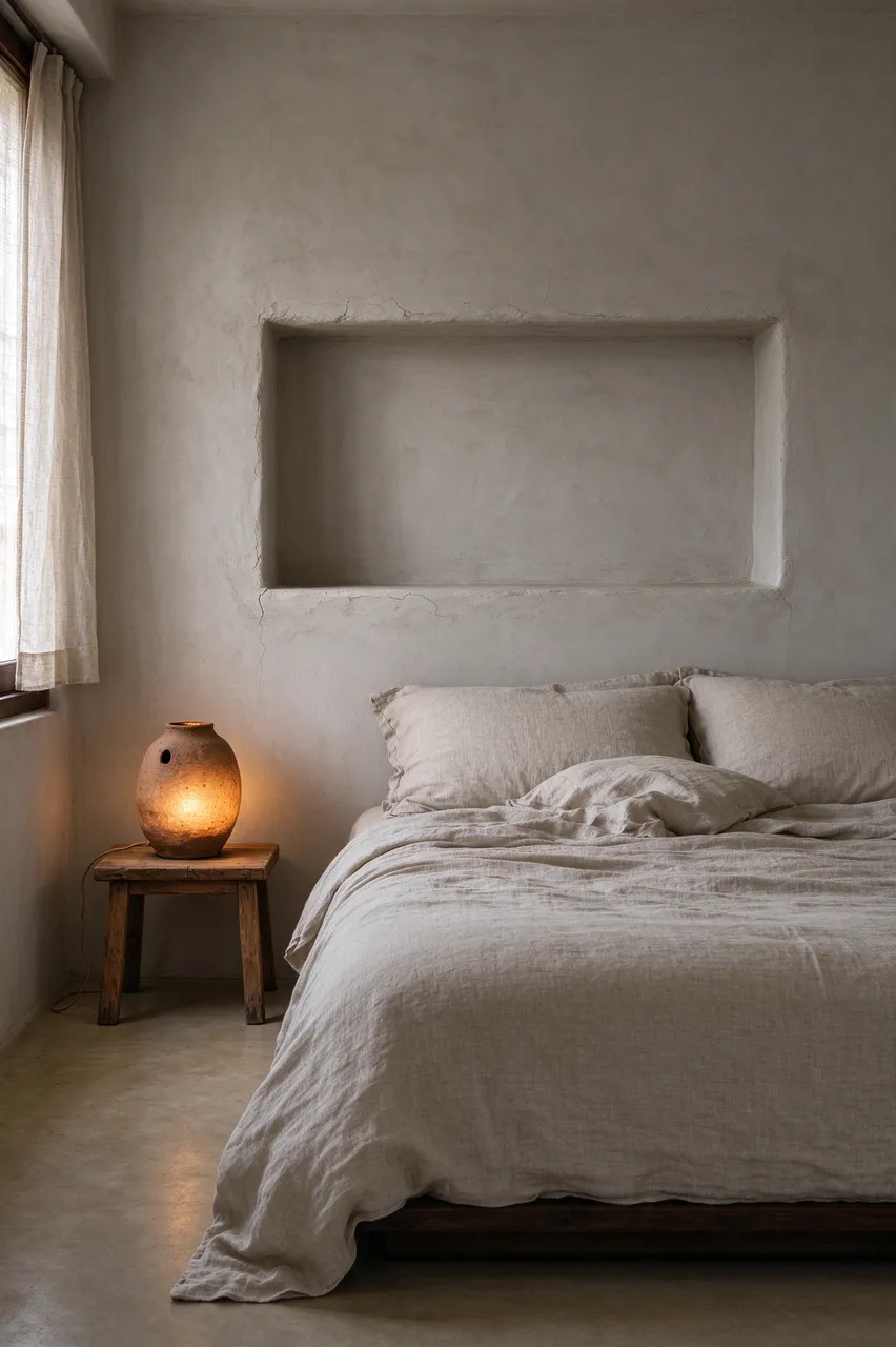 Minimal wabi-sabi bedroom with linen bedding, earthenware lamp, plaster wall niche and wooden stool