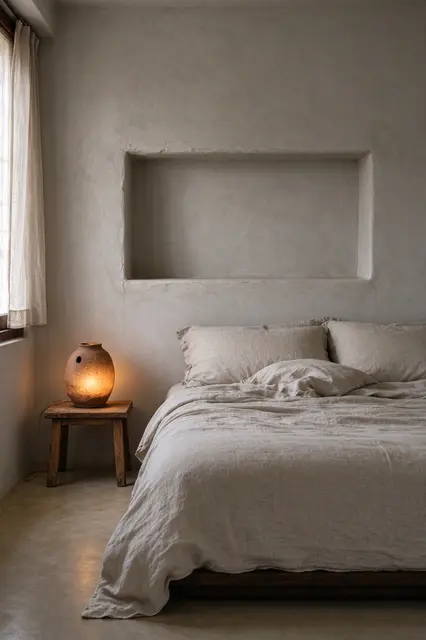 Minimal wabi-sabi bedroom with linen bedding, earthenware lamp, plaster wall niche and wooden stool