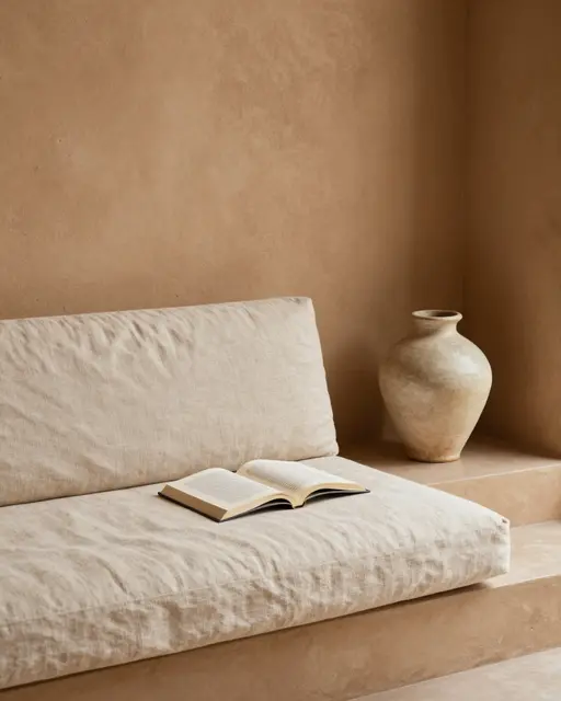 An open book rests on a low linen futon next to a ceramic vase against an ochre earthen wall