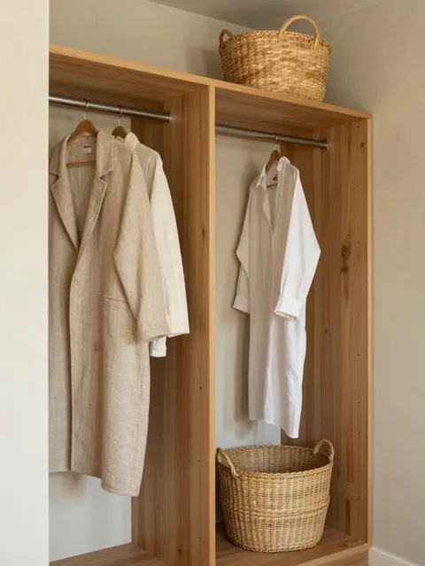 Open wooden closet with linen garments, woven baskets, and soft lime plaster walls