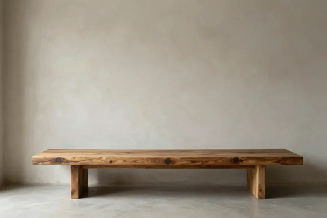 A low solid wood bench sits against a plain plaster wall in a minimalist room