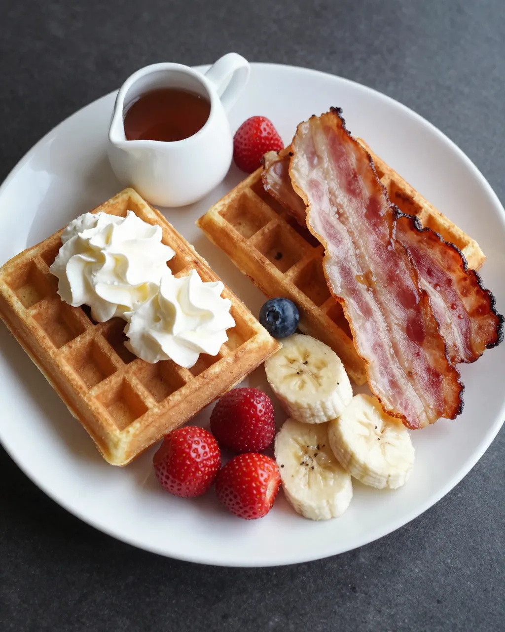 Overhead view of a white plate with golden waffles, bacon, fresh fruit, whipped cream, and a maple syrup pitcher.