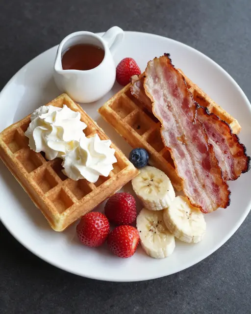 Overhead view of a white plate with golden waffles, bacon, fresh fruit, whipped cream, and a maple syrup pitcher.