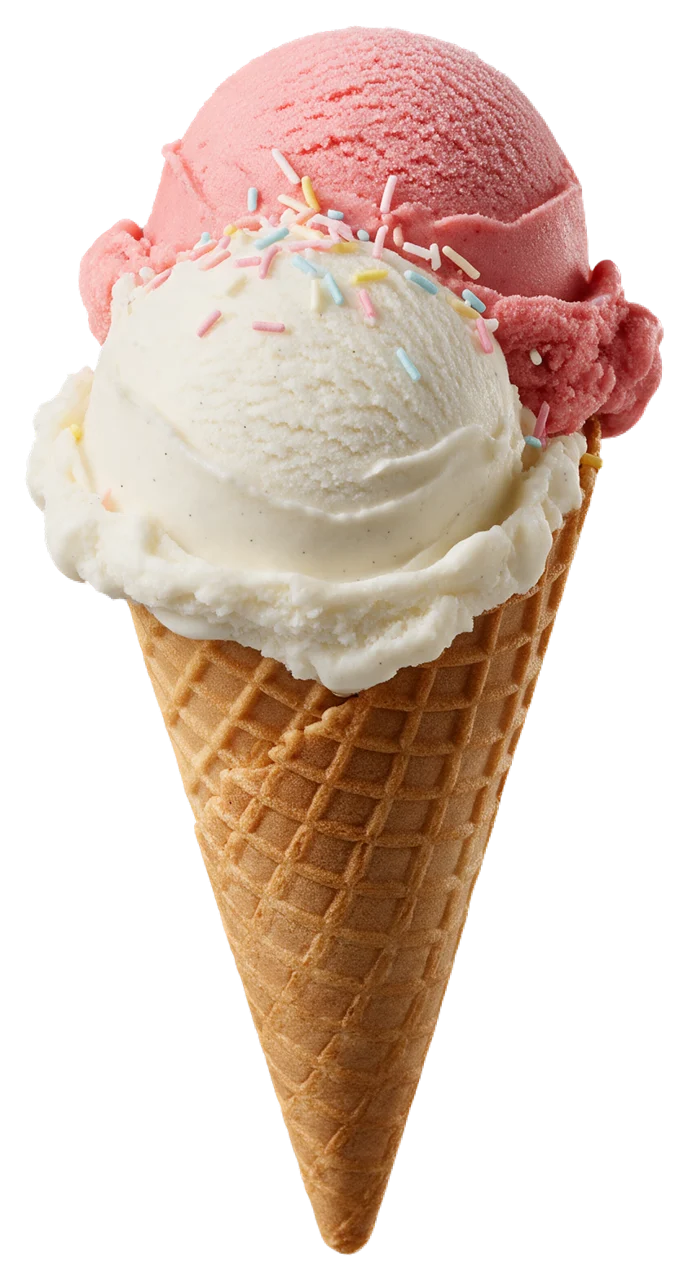 Waffle cone holding two scoops of pink strawberry and white vanilla ice cream topped with pastel sprinkles