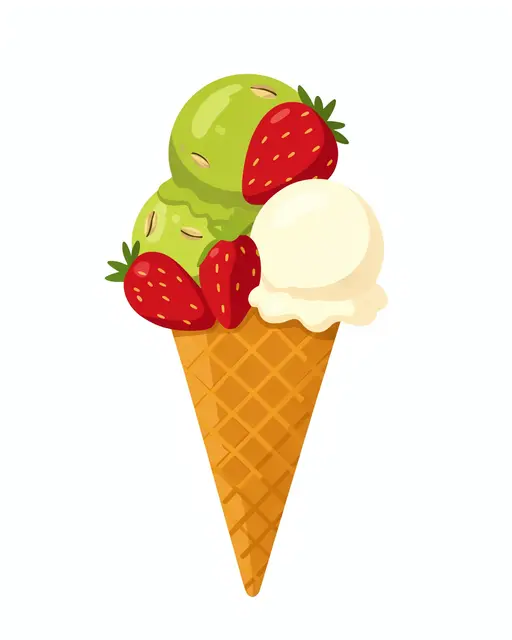 Flat vector illustration of a waffle cone holding pistachio, strawberry, and vanilla ice cream scoops with fresh strawberry
