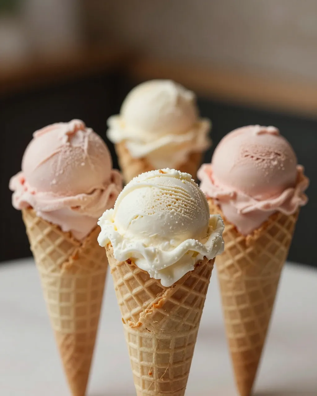 Four waffle ice cream cones with pink and white scoops arranged on a light table surface