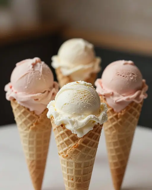 Four waffle ice cream cones with pink and white scoops arranged on a light table surface
