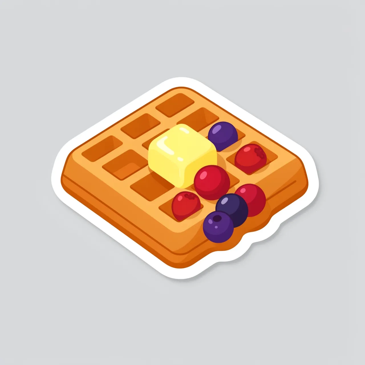 Die-cut sticker illustration of a waffle topped with butter and berries on a plain light gray background