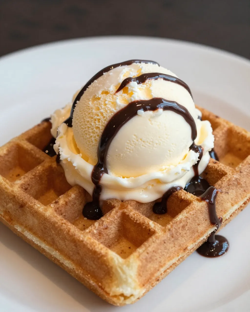 A square waffle topped with a scoop of vanilla ice cream and drizzled with chocolate sauce on a white plate.