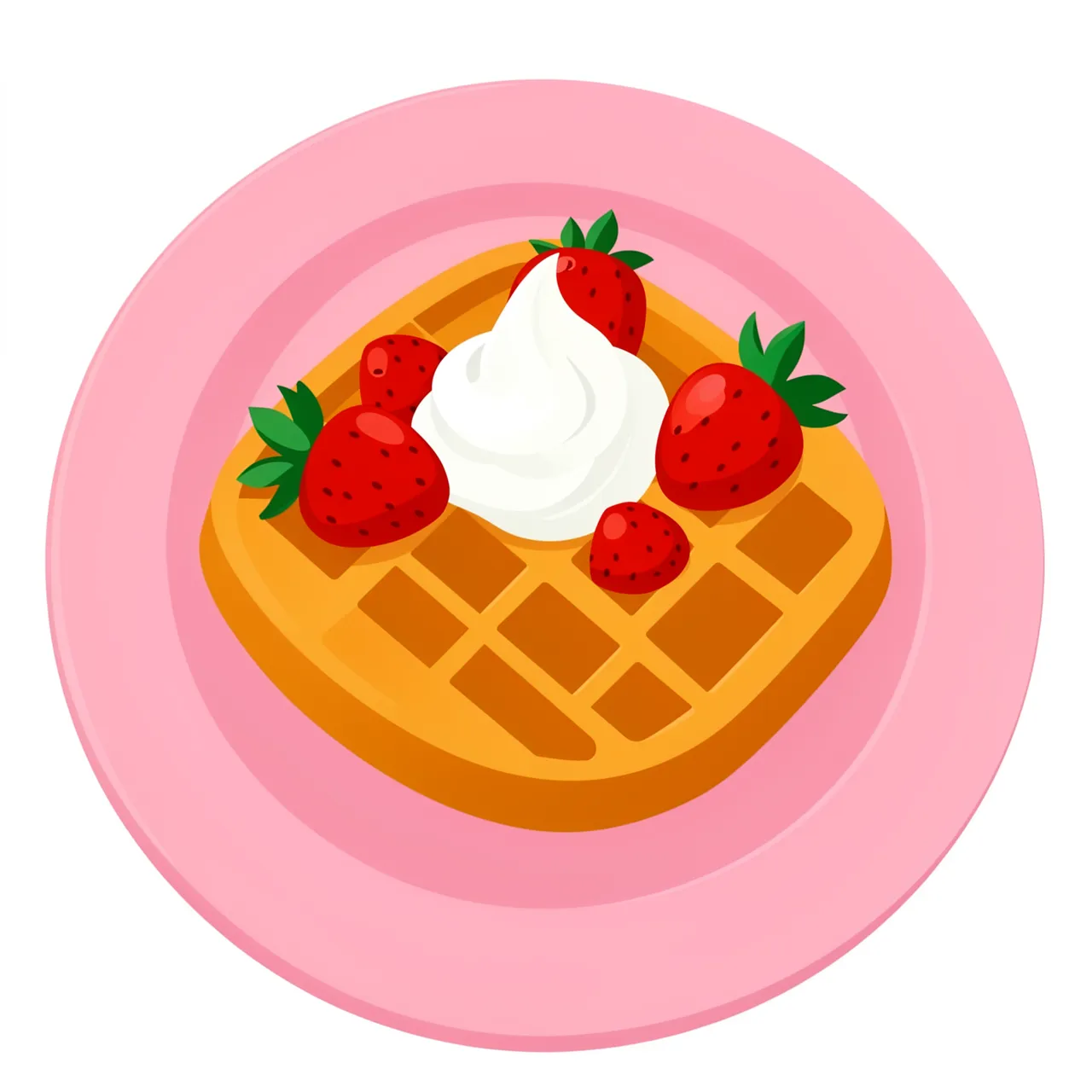 A flat vector illustration of a waffle topped with strawberries and whipped cream on a pink plate