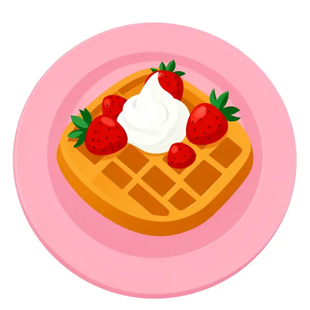 A flat vector illustration of a waffle topped with strawberries and whipped cream on a pink plate