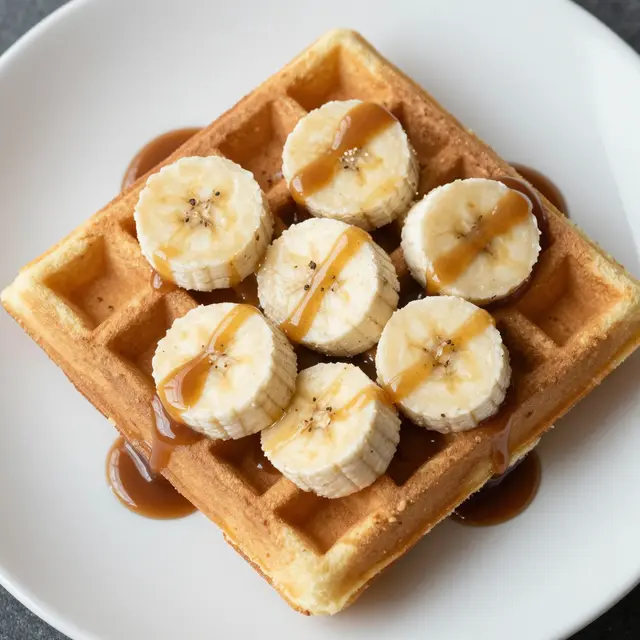Top view of a square waffle topped with sliced banana and drizzled caramel on a white plate