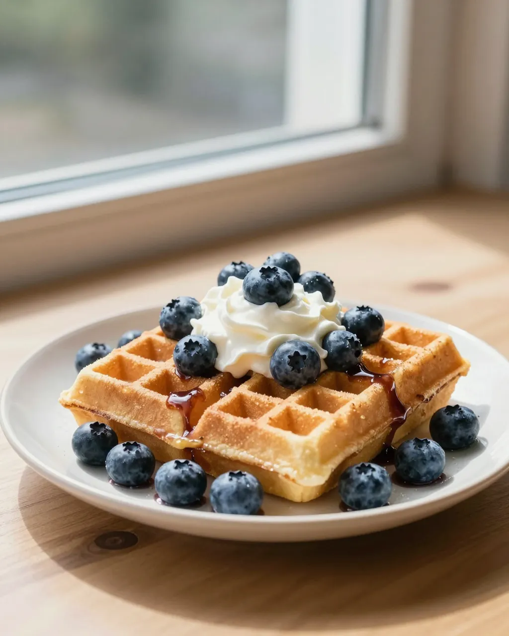 Golden waffles topped with whipped cream, fresh blueberries and syrup sit on a plate by a sunny window.