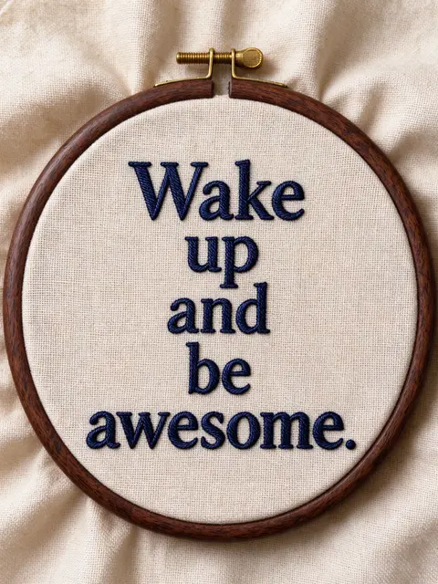 Navy embroidered text "Wake up and be awesome." stitched on natural linen in a wooden embroidery hoop