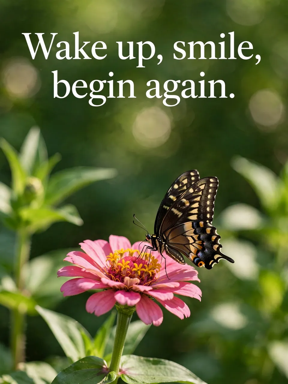 "Wake up, smile, begin again." text above a swallowtail butterfly perched on a pink zinnia in a sunlit blurred garden.