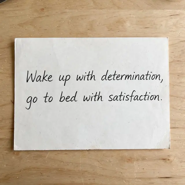 Handwritten quote 'Wake up with determination, go to bed with satisfaction' on a white index card resting on a light wooden