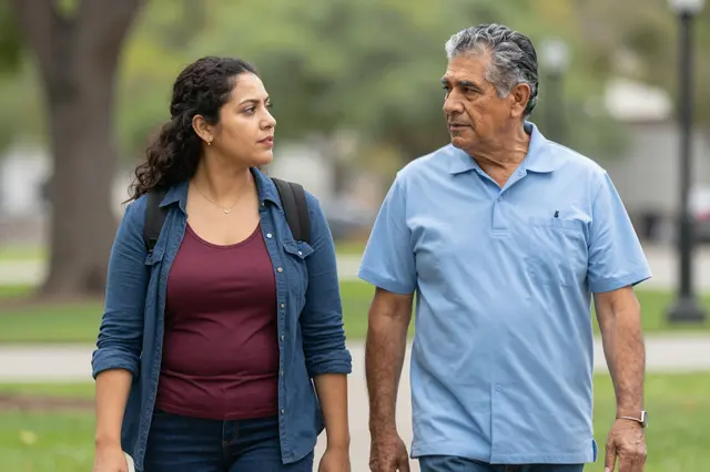 A senior Latino man and a mixed-race woman stroll side by side on a park path looking at one another during a conversation
