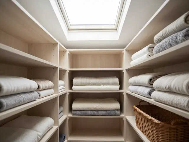 Bright walk-in closet with whitewashed oak shelving, folded linens, a wicker hamper, and an overhead skylight.