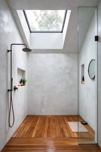 Minimalist walk-in shower with limewashed walls, teak flooring, and a sloped ceiling skylight