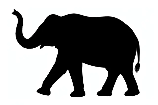 Solid black silhouette of an elephant with raised trunk walking against a plain white background