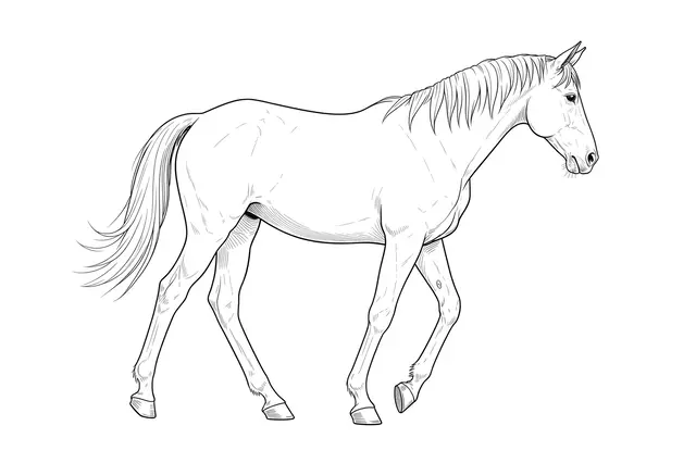 Black fine line drawing of a relaxed walking horse on a plain white background