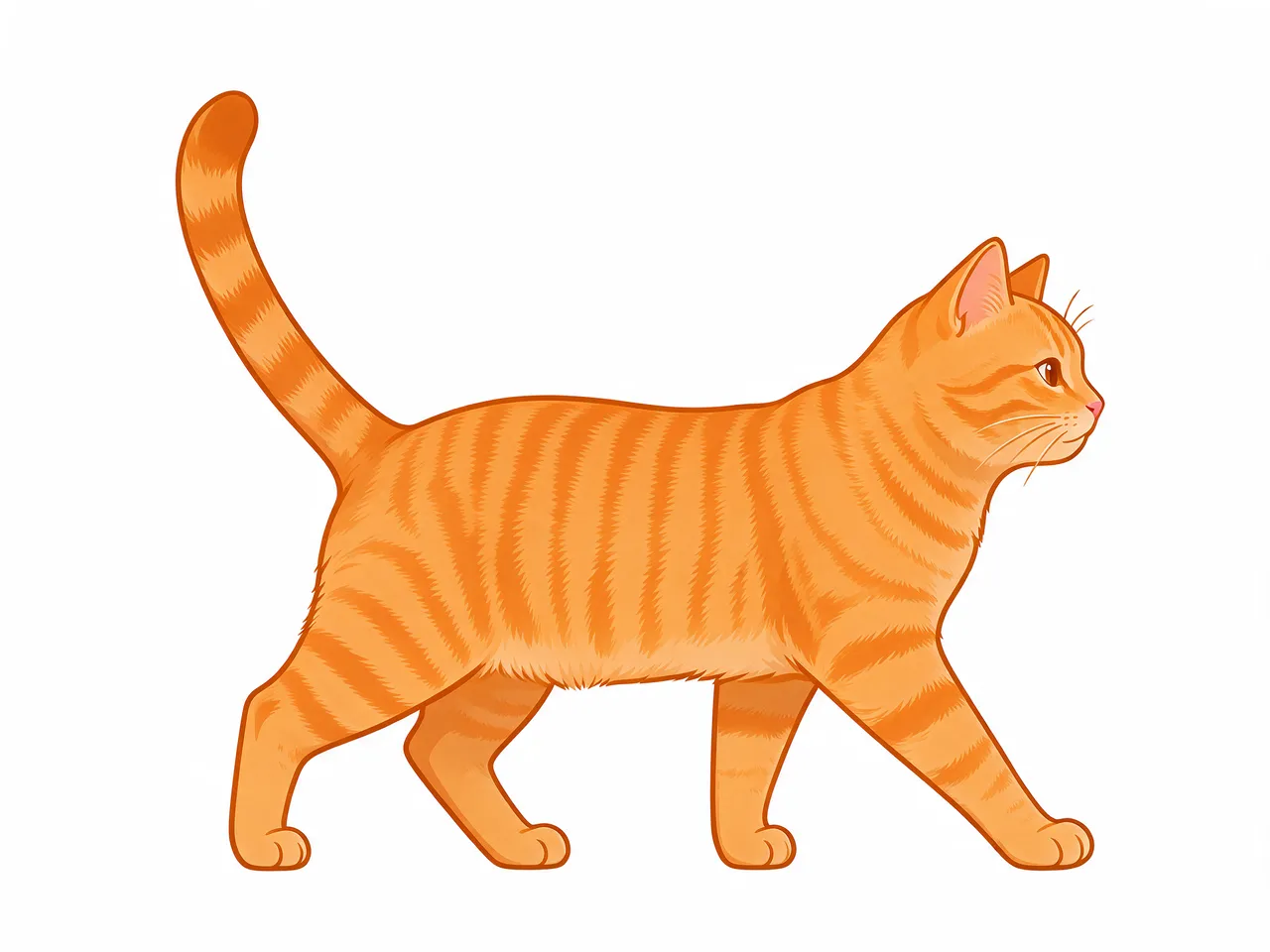 Side view flat clipart illustration of an orange tabby cat walking with its tail held high on a plain white background