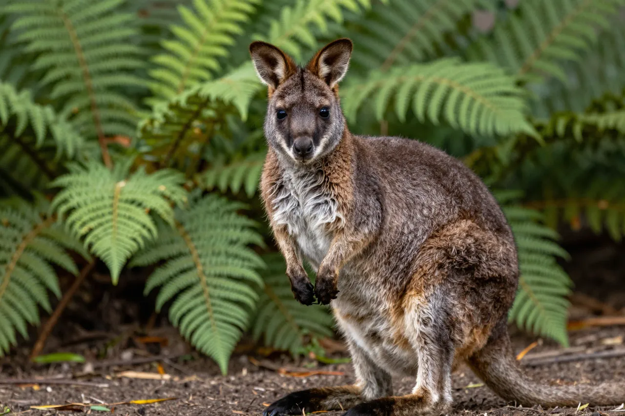 A wallaby sits upright facing the camera, surrounded by lush green ferns in soft light.