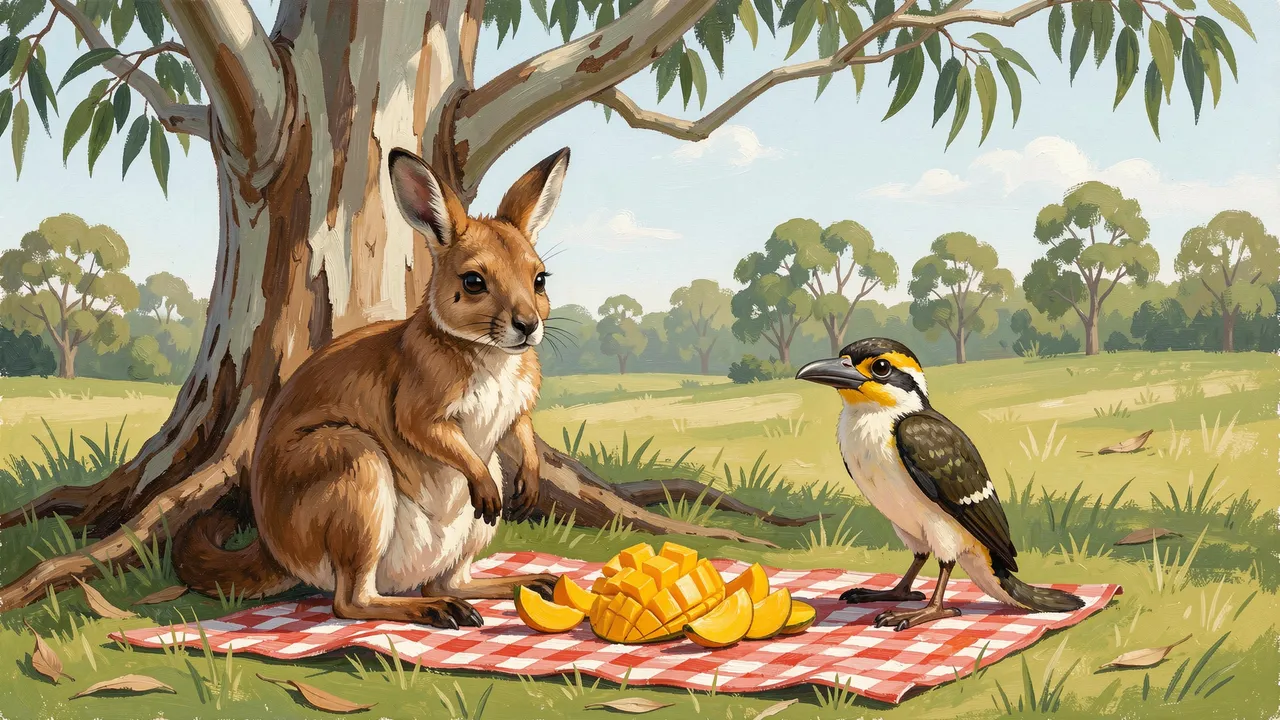 Gouache painting of a wallaby and kookaburra sharing mango slices on a checkered picnic blanket under a gum tree