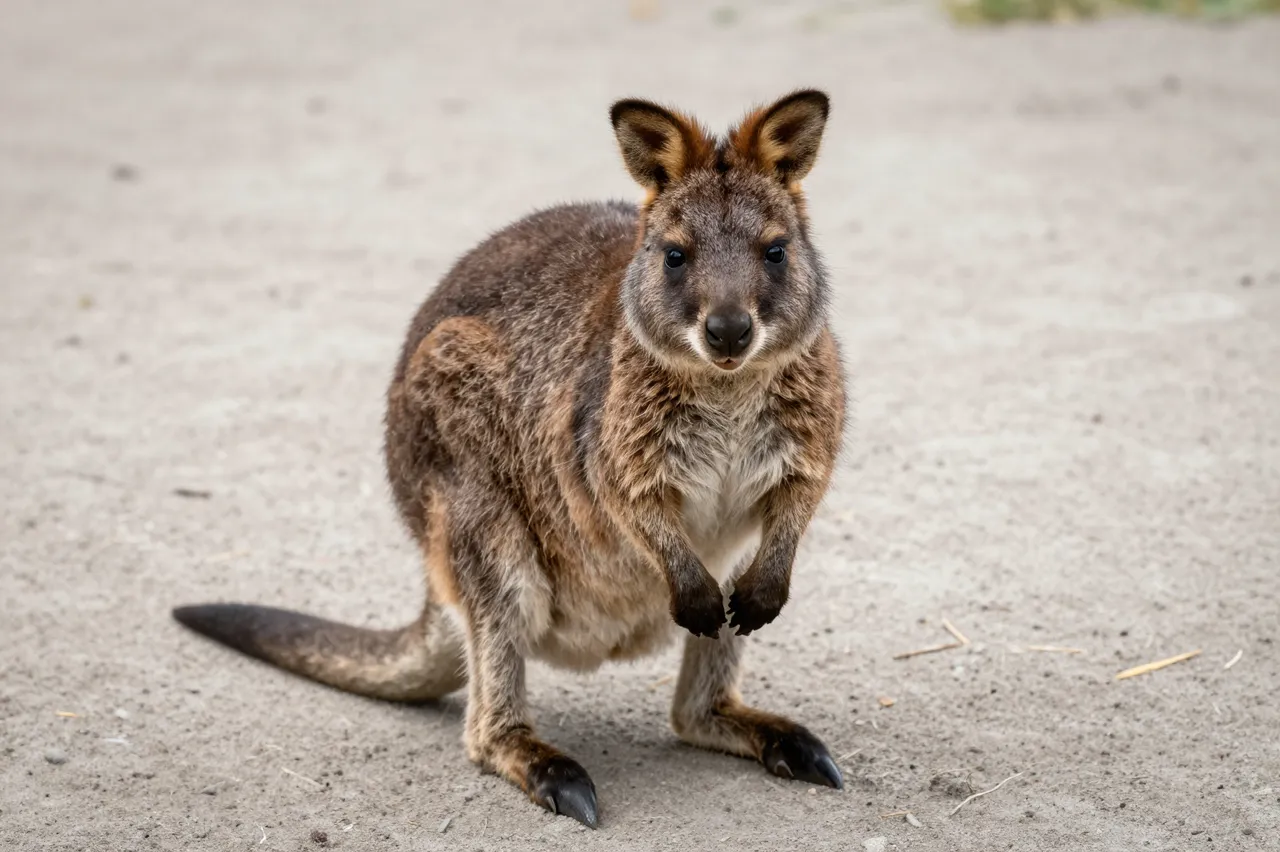 A small brown wallaby stands upright on a light sandy path facing the camera
