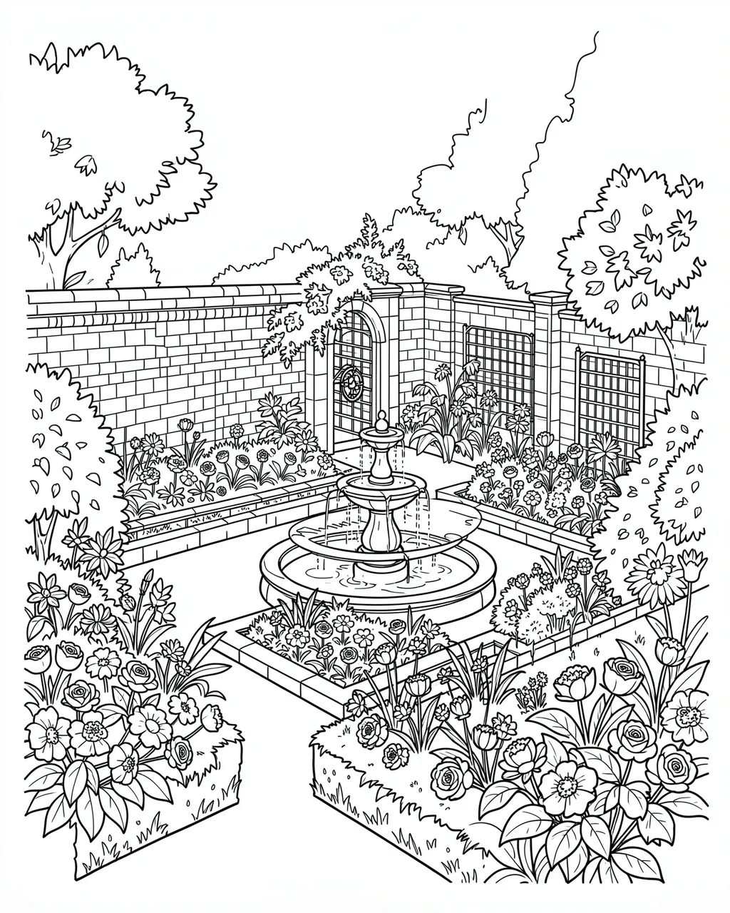 Black and white line art of an intricate walled garden centered on a tiered fountain with surrounding flower beds