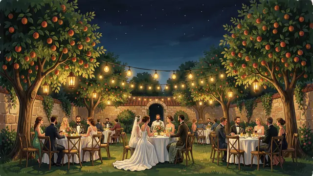 Gouache illustration of a night wedding reception with string lanterns strung between fruit trees in a stone walled garden