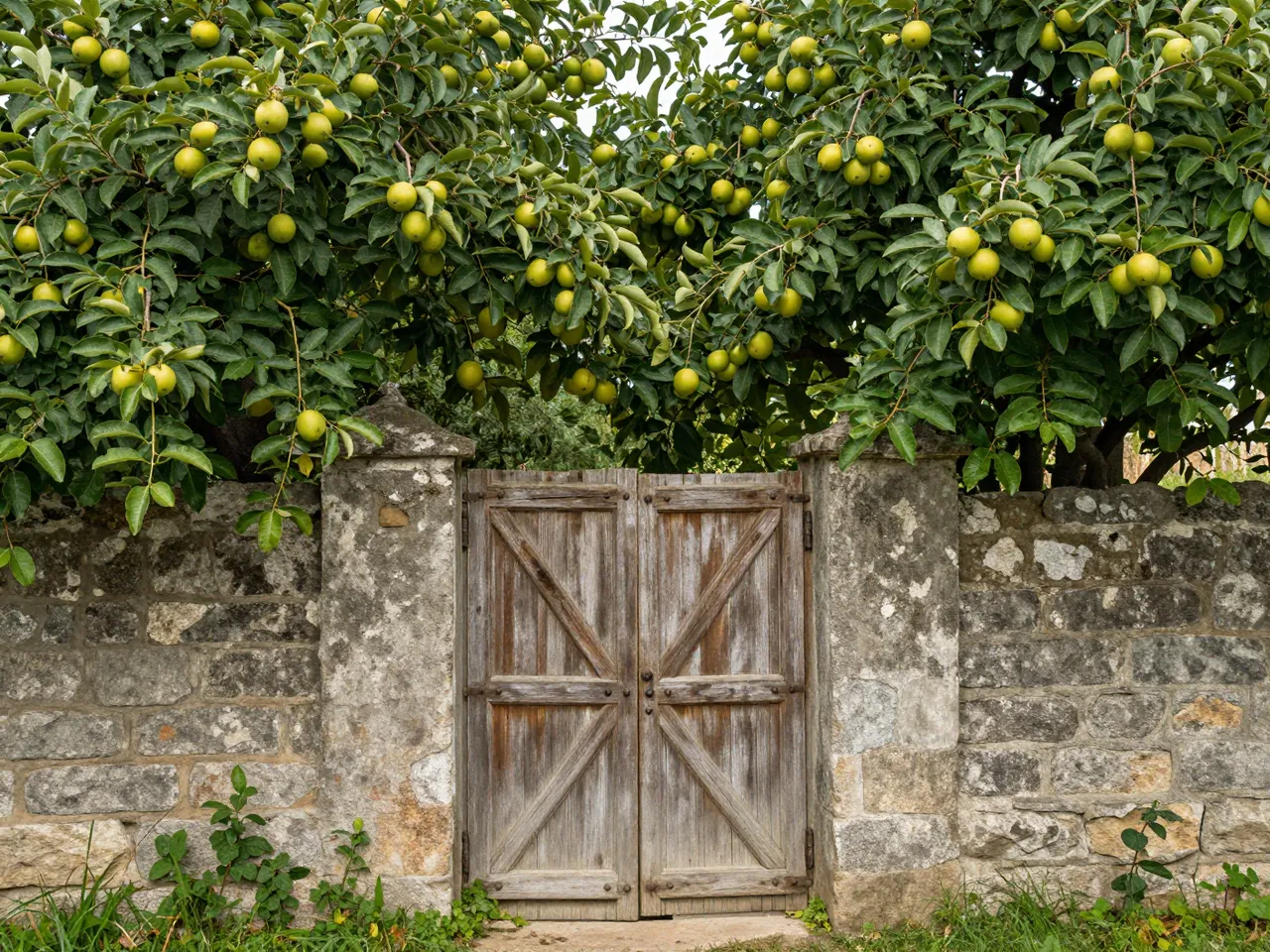 Weathered wooden garden gate set in a stone wall, topped by a leafy apple tree heavy with green fruit