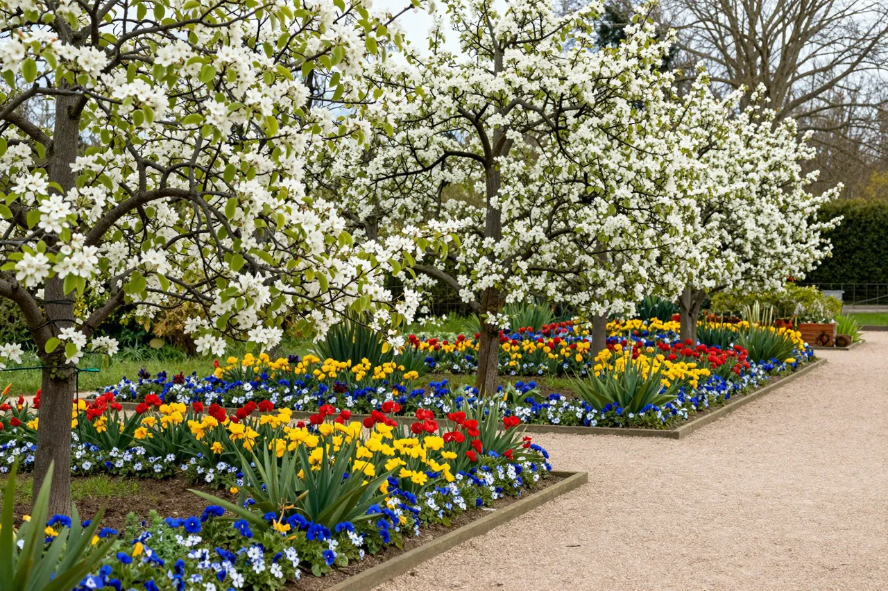 Blossoming espalier fruit trees stand above colorful flower borders alongside a light gravel garden path