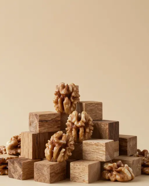 Stacked wooden walnut blocks and walnut kernels sit on a warm beige backdrop with empty copy space above.
