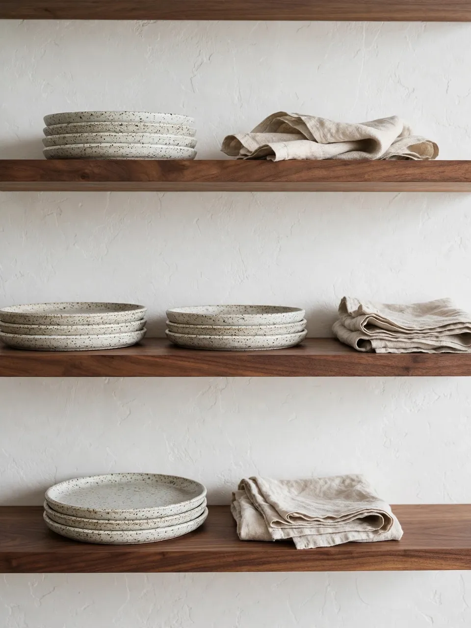 Floating walnut shelves hold speckled stoneware plates and folded linen towels against a white plaster wall