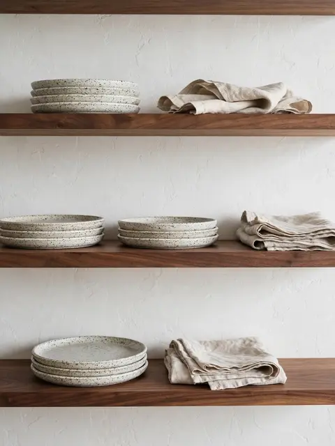 Floating walnut shelves hold speckled stoneware plates and folded linen towels against a white plaster wall