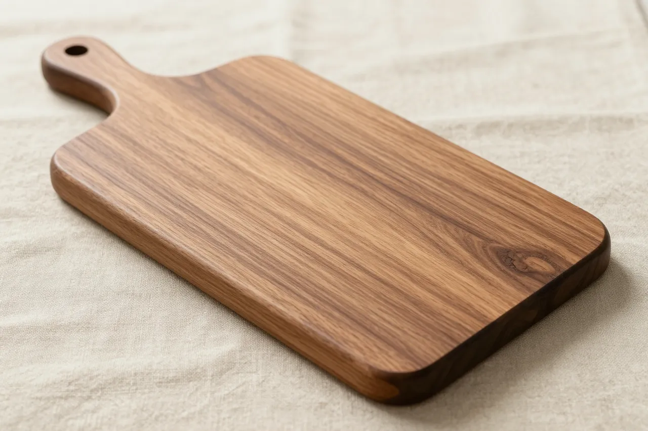Plain walnut serving board with a handle rests on a soft linen cloth in gentle natural light
