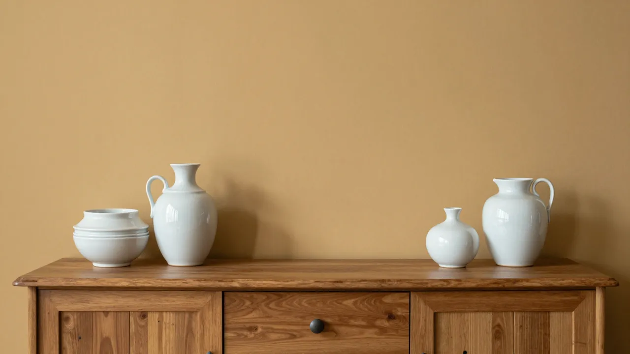 White ceramic vessels arranged on a wooden sideboard against a solid mustard wall with empty copy space above