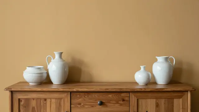 White ceramic vessels arranged on a wooden sideboard against a solid mustard wall with empty copy space above
